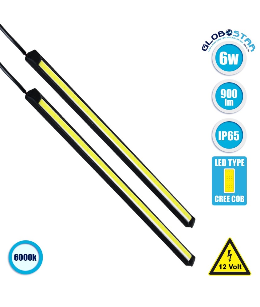 GloboStar® 81721 Σετ 2 Μπάρες Αλουμινίου DRL LED CREE COB 6W 600lm 120° DC 12V Αδιάβροχες IP65 Ψυχρό Λευκό 6000K